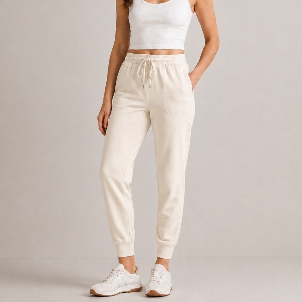Quince SuperSoft Fleece Joggers Soft Lounge Comfort Casual Off White Med EUC